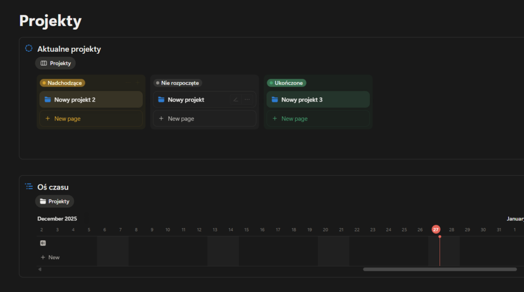 Notion do zarządzania projektami – tablica Kanban w Notion z etapami do zrobienia, w toku i zakończone