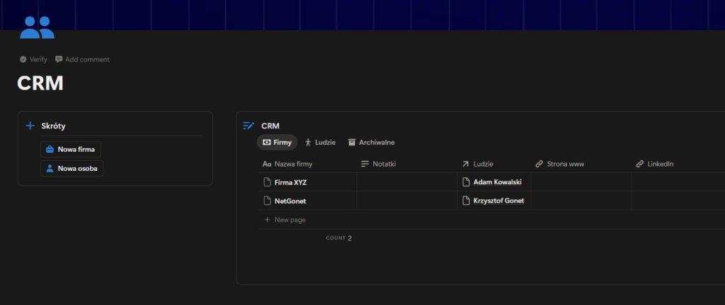Notion CRM – baza klientów w Notion z danymi kontaktowymi, statusem współpracy i notatkami ze spotkań sprzedażowych