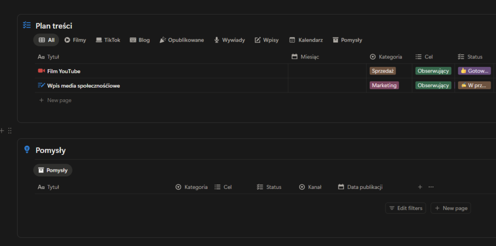 Planowanie treści social media Notion